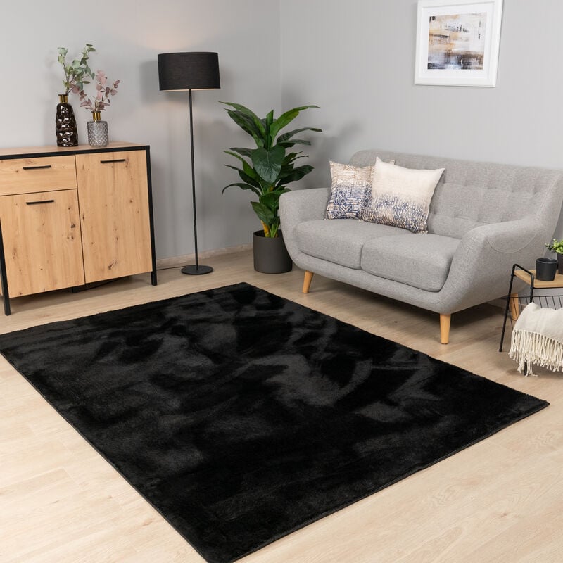 Tapis Salon Chambre Adulte Poils Ras Lavable En Machine Uni Moelleux Noir, 200 cm rond - Paco Home