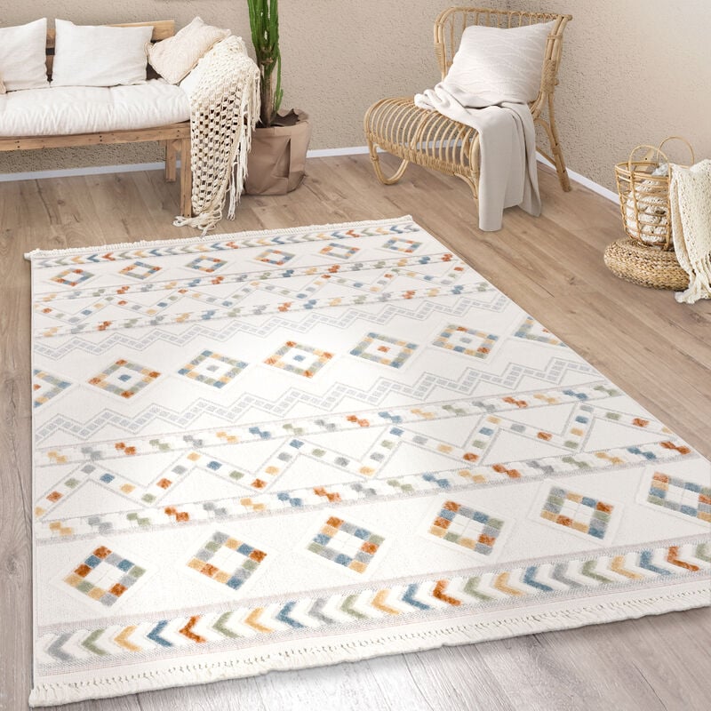 Tapis Salon Chambre Adulte Poils Ras Moderne Boho Ethnique Scandinave Franges 80x150 cm, Multicolore 6 - Paco Home