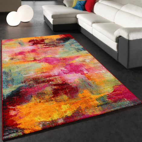 Paco Home Tapis Salon Chambre Adulte Poils Ras Moderne Vintage Motif Abstrait Multicolore
