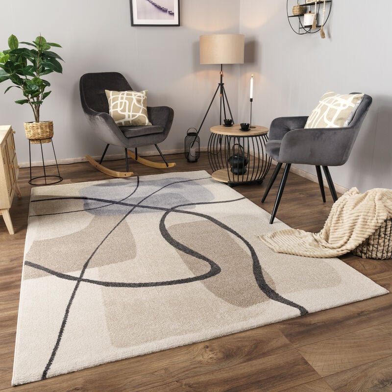 Tapis Salon Chambre Adulte Poils Ras Motif Abstrait Motif Geometrique 3D 160x230 cm, Crème 3 - Paco Home