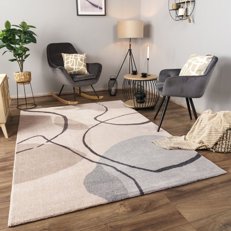 Tapis Salon Chambre Adulte Poils Ras Motif Abstrait Motif Geometrique 3D 160x230 cm, Crème 2 - Paco Home