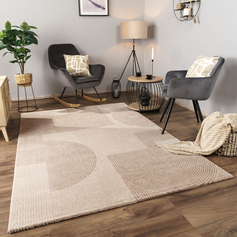 Tapis Salon Chambre Adulte Poils Ras Motif Abstrait Motif Geometrique 3D 200x290 cm, Crème - Paco Home