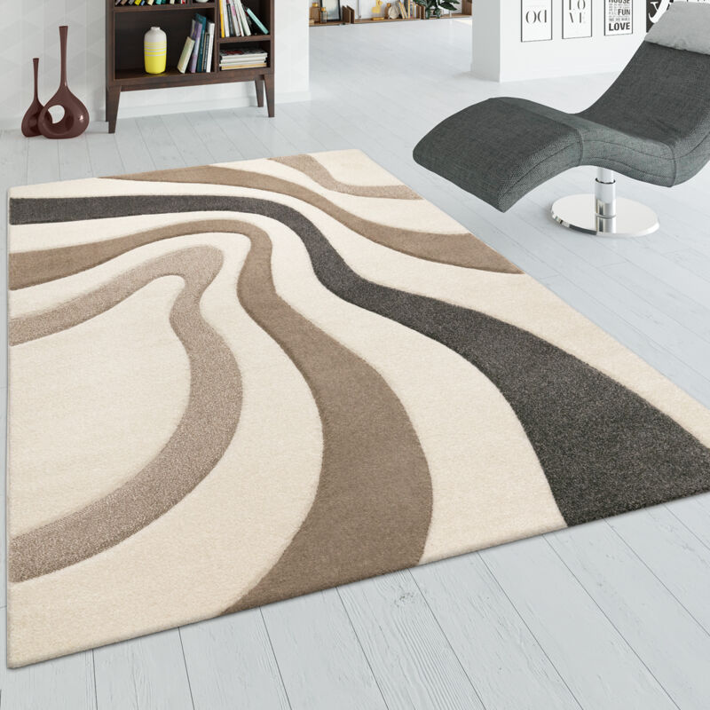 Tapis Salon Chambre Adulte Poils Ras Motif Abstrait Vagues Moelleux Beige Crème 80x300 cm - Paco Home