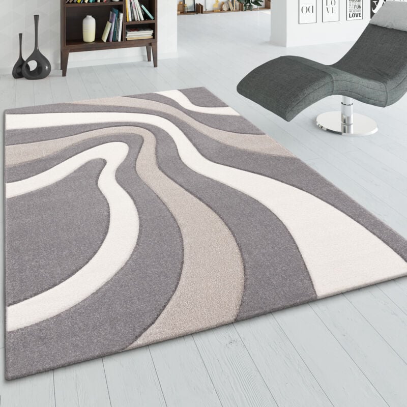Tapis Salon Chambre Adulte Poils Ras Motif Abstrait Vagues Moelleux Gris Beige 60x110 cm - Paco Home