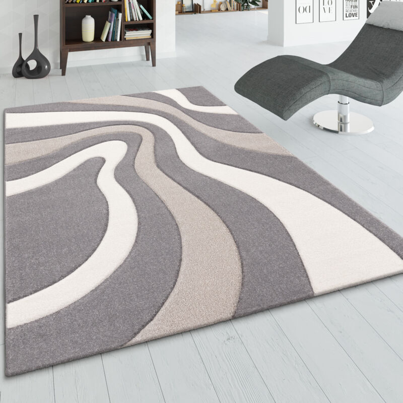 Tapis Salon Chambre Adulte Poils Ras Motif Abstrait Vagues Moelleux Gris Beige 80x300 cm - Paco Home