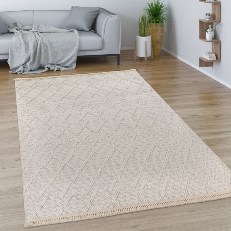 Tapis Salon Chambre Adulte Poils Ras Motif Boho Motif Geometrique Franges 240x340 cm, Crème 7 - Paco Home