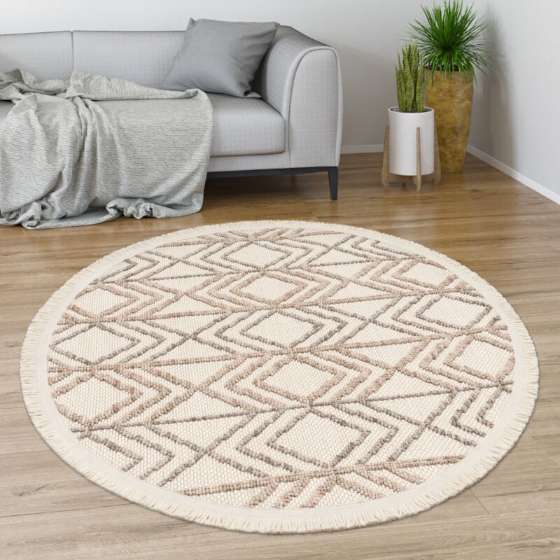 Tapis Salon Chambre Adulte Poils Ras Motif Boho Motif Geometrique Franges 120 cm rond, Crème 3 - Paco Home