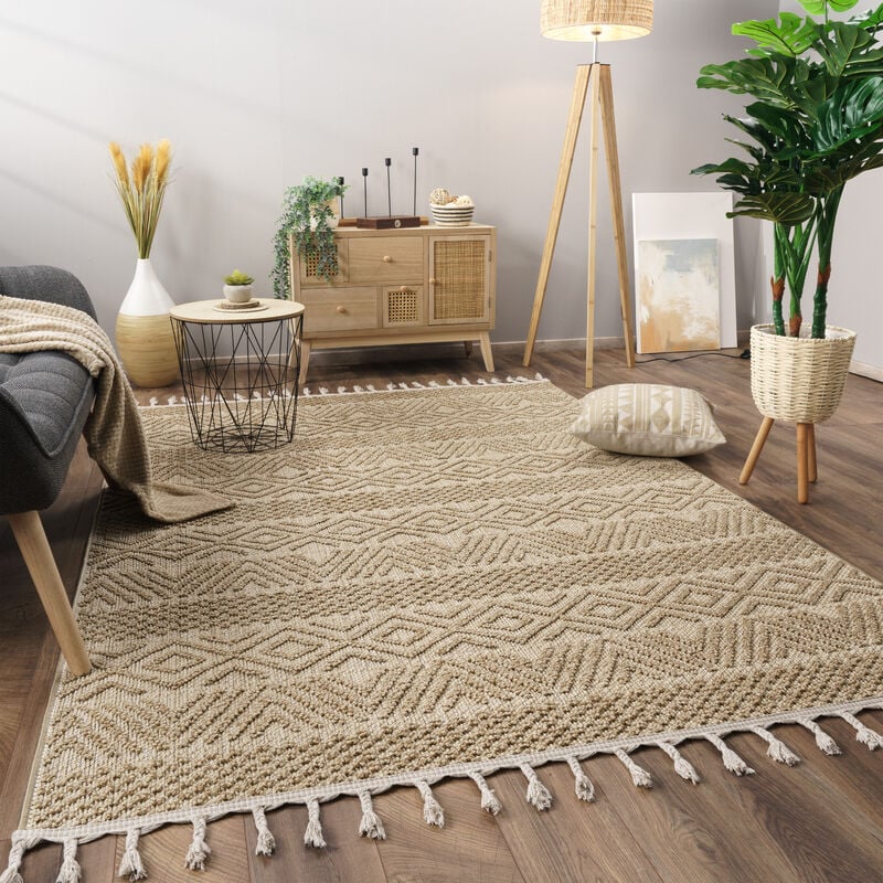 Tapis Salon Chambre Adulte Poils Ras Motif Boho Motif Scandinave Franges 160x220 cm, Naturelle - Paco Home