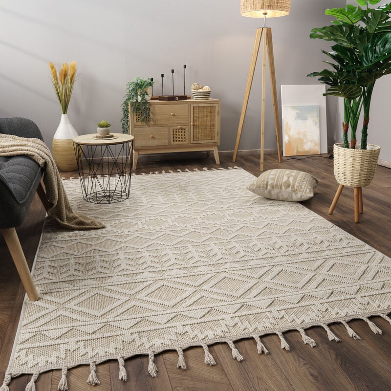 Tapis Salon Chambre Adulte Poils Ras Motif Boho Motif Scandinave Franges 80x150 cm, Crème 2 - Paco Home