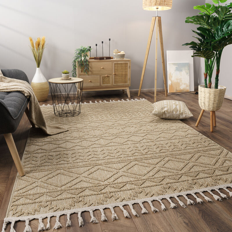 Tapis Salon Chambre Adulte Poils Ras Motif Boho Motif Scandinave Franges 160x220 cm, Beige - Paco Home