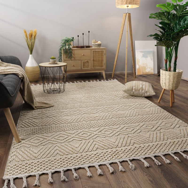 Tapis Salon Chambre Adulte Poils Ras Motif Boho Motif Scandinave Franges 240x340 cm, Crème - Paco Home