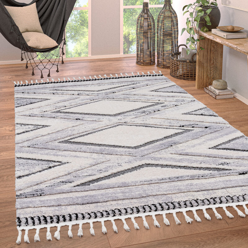 Tapis Salon Chambre Adulte Poils Ras Motif Ethnique Scandinave Losange Franges 80x150 cm, Gris 2 - Paco Home
