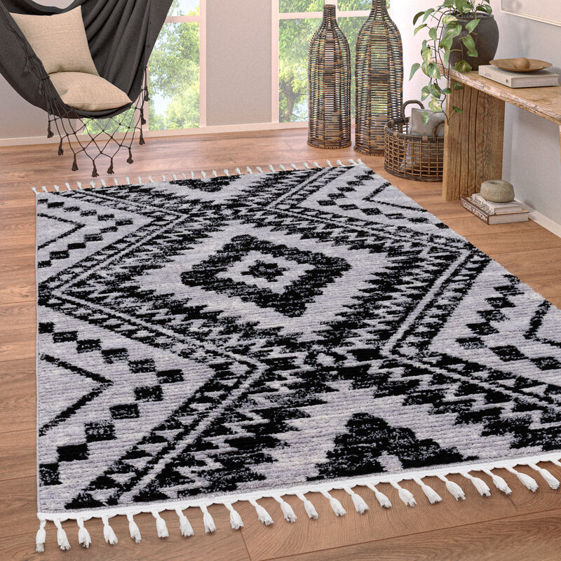 Tapis Salon Chambre Adulte Poils Ras Motif Ethnique Scandinave Losange Franges 160x230 cm, Noir - Paco Home