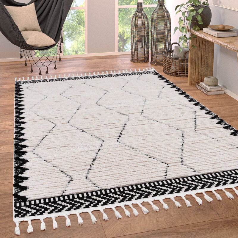Tapis Salon Chambre Adulte Poils Ras Motif Ethnique Scandinave Losange Franges 80x150 cm, Noir 2 - Paco Home