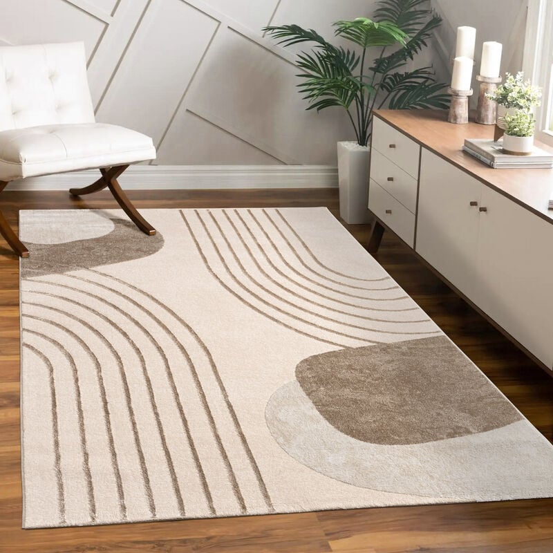 Paco Home Tapis Salon Chambre Adulte Poils Ras Motif Fleuri Arc-en-ciel Motif Geometrique 240x340 cm, Beige 3