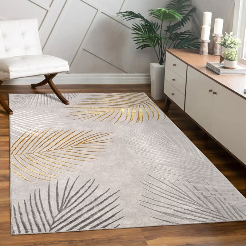 Tapis Salon Chambre Adulte Poils Ras Motif Fleuri Arc-en-ciel Motif Geometrique 80x300 cm, Or - Paco Home