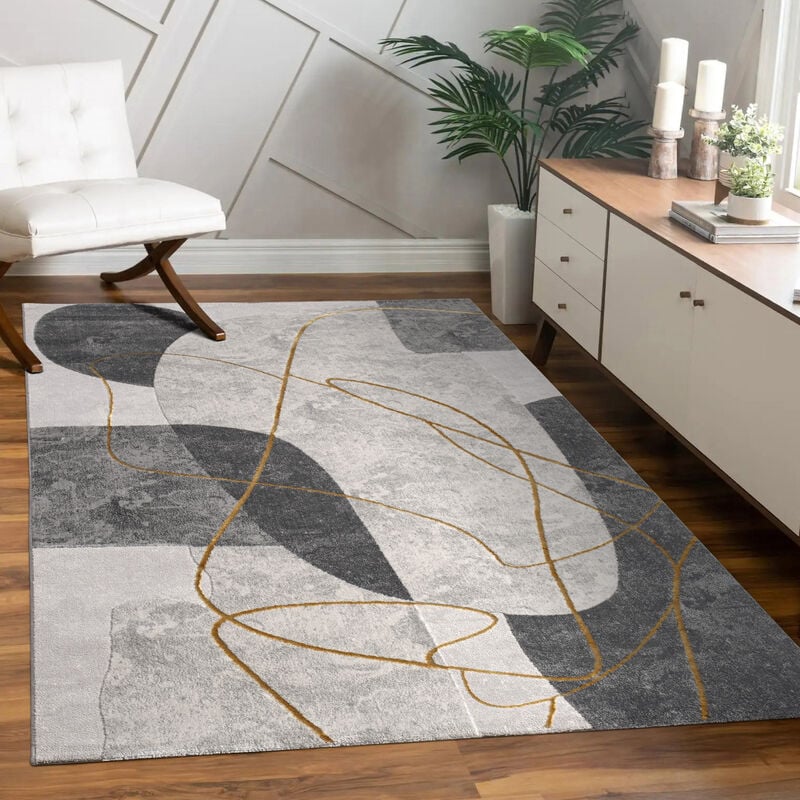 Paco Home Tapis Salon Chambre Adulte Poils Ras Motif Fleuri Arc-en-ciel Motif Geometrique 160x230 cm, Gris