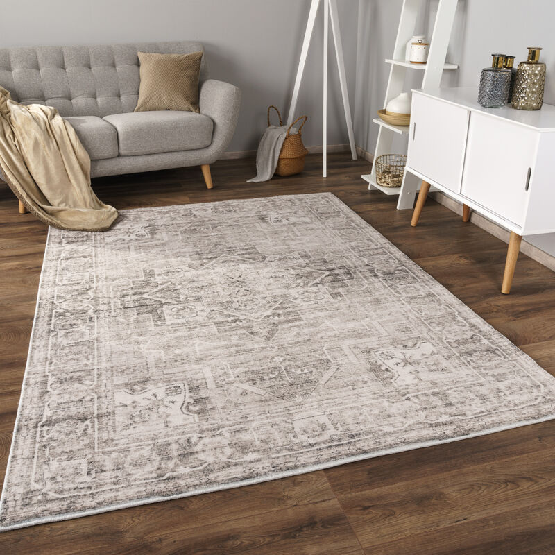 Tapis Salon Chambre Adulte Poils Ras Motif Oriental Ornements Moelleux 120x160 cm, Beige 2 - Paco Home