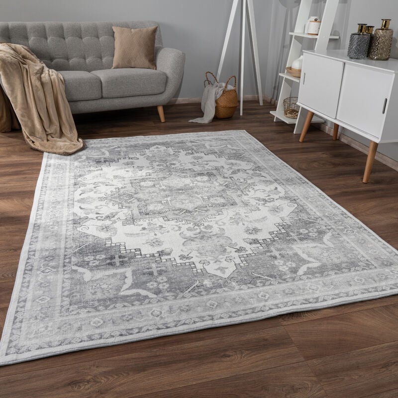 Tapis Salon Chambre Adulte Poils Ras Motif Oriental Ornements Moelleux 160x220 cm, Gris 3 - Paco Home