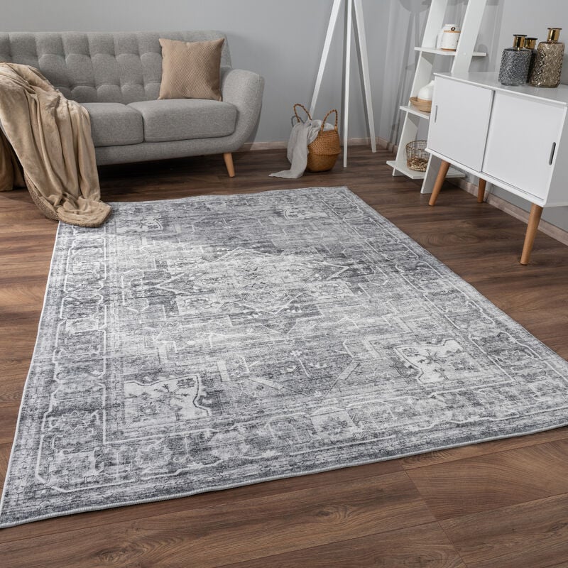 Paco Home Tapis Salon Chambre Adulte Poils Ras Motif Oriental Ornements Moelleux Gris, 120x160 cm