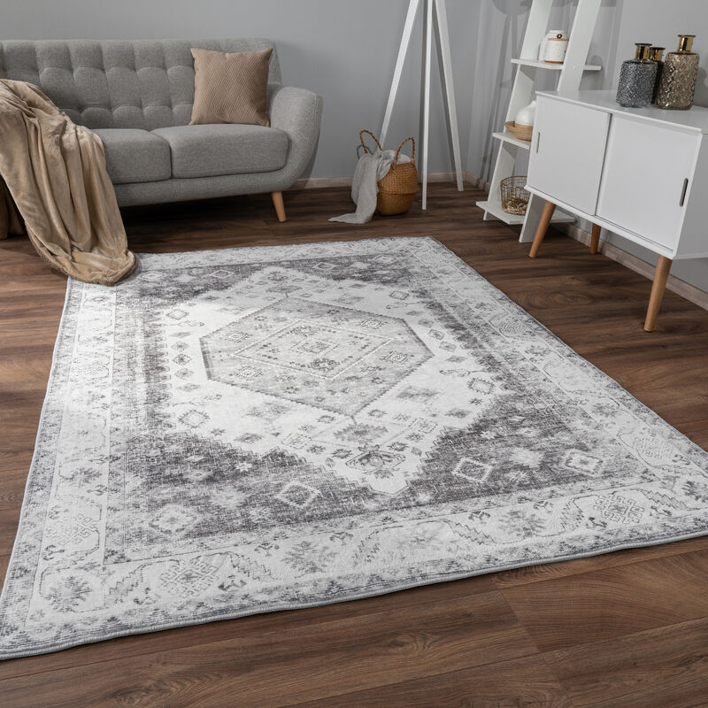 Tapis Salon Chambre Adulte Poils Ras Motif Oriental Ornements Moelleux 80x150 cm, Gris 2 - Paco Home
