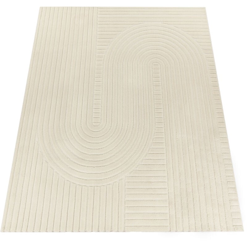 Tapis Salon Chambre Adulte Poils Ras Scandinave Boho Arc Geometrique Uni Crème 120x170 cm - Paco Home