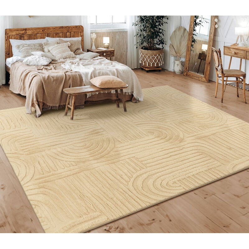 Tapis Salon Chambre Adulte Poils Ras Scandinave Motif Boho Motif Geometrique 80x150 cm, Beige 7 - Paco Home