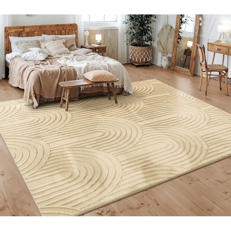 Tapis Salon Chambre Adulte Poils Ras Scandinave Motif Boho Motif Geometrique 120x160 cm, Beige 4 - Paco Home