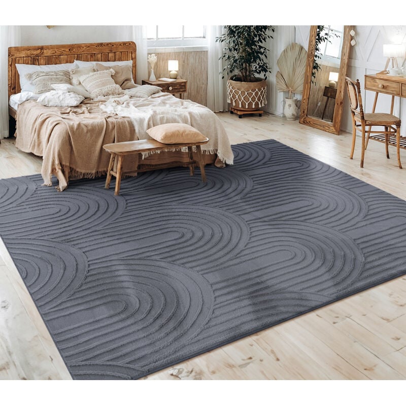 Tapis Salon Chambre Adulte Poils Ras Scandinave Motif Boho Motif Geometrique 200x280 cm, Anthracite 4 - Paco Home