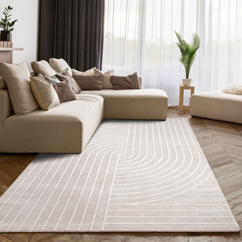 Tapis Salon Chambre Poil Court Scandinave Boho Géométrique Uni Crème 160x220 cm - Paco Home