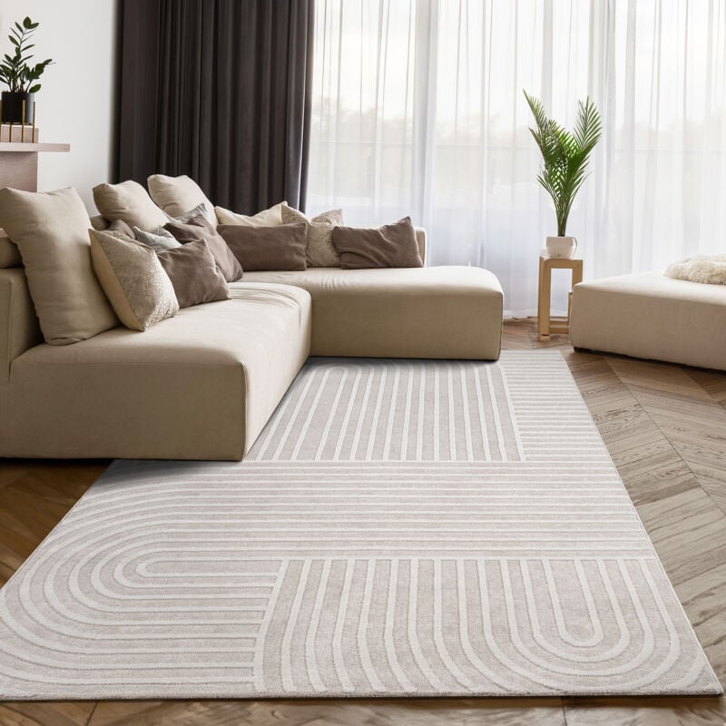 Tapis Salon Chambre Poil Court Scandinave Motif Arc-en-ciel Boho Crème 230x320 cm - Paco Home