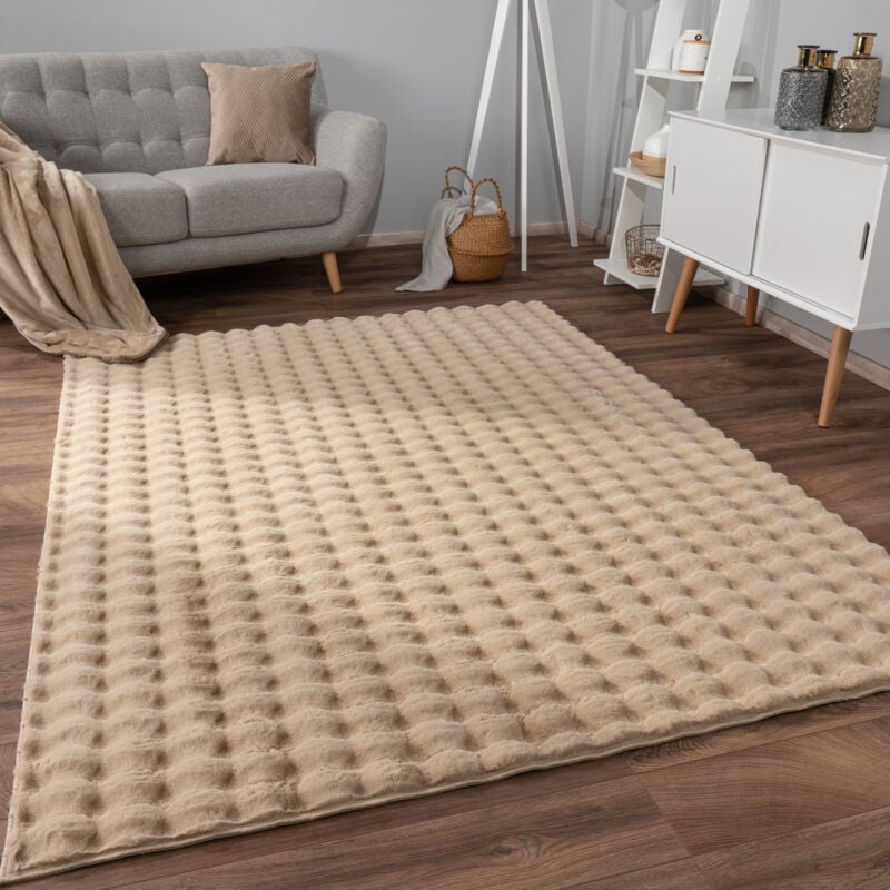 Tapis Bubble Salon Chambre Fourrure à poils longs Design géométrique 3D 120x160 cm, Beige 3 - Paco Home