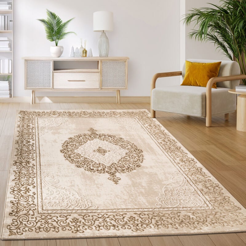 Tapis Salon Chambre Vintage Oriental Motif Abstrait Beige Blanc 160x220 cm - Paco Home