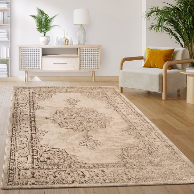 Paco Home - Tapis Salon Chambre Vintage Oriental Motif Abstrait Moderne Beige 80x150 cm