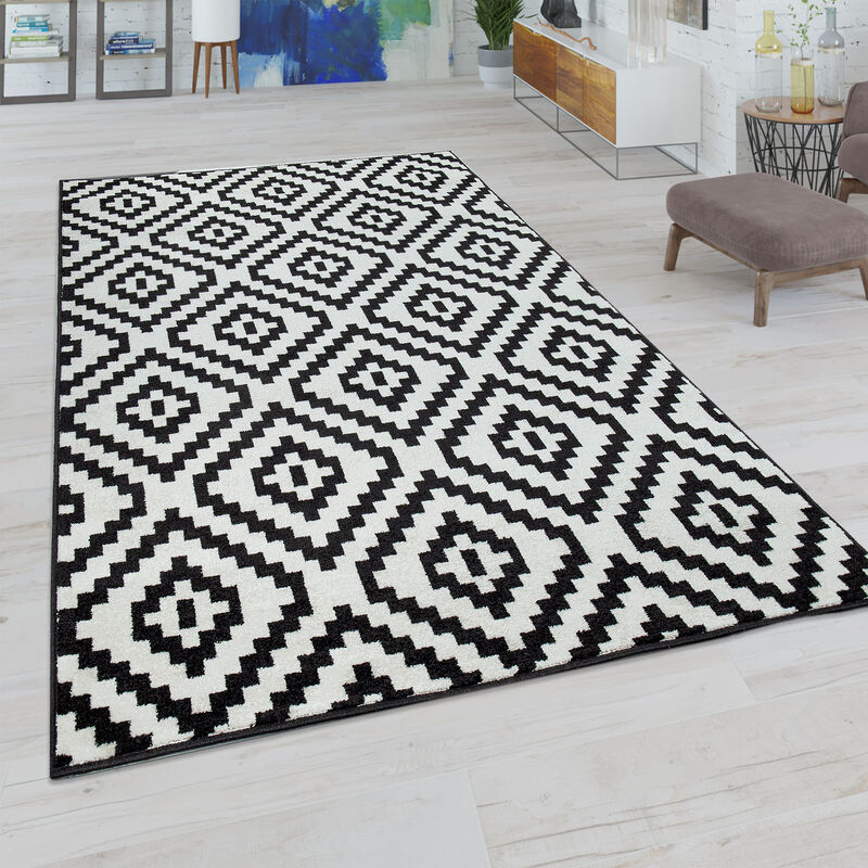 Tapis Salon Losanges Pastel Ethnique Bohème 160x220 cm, Noir-Blanc - Paco Home