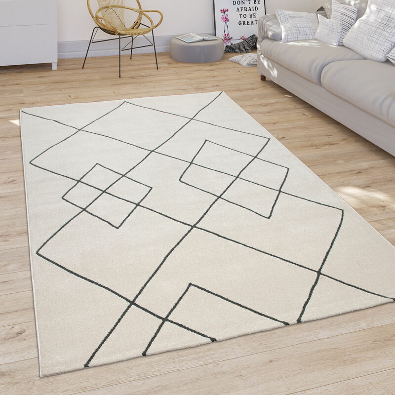 Paco Home - Tapis Salon Moderne Motif Losanges Scandinave Poils Ras, Clair Blanc 80x150 cm