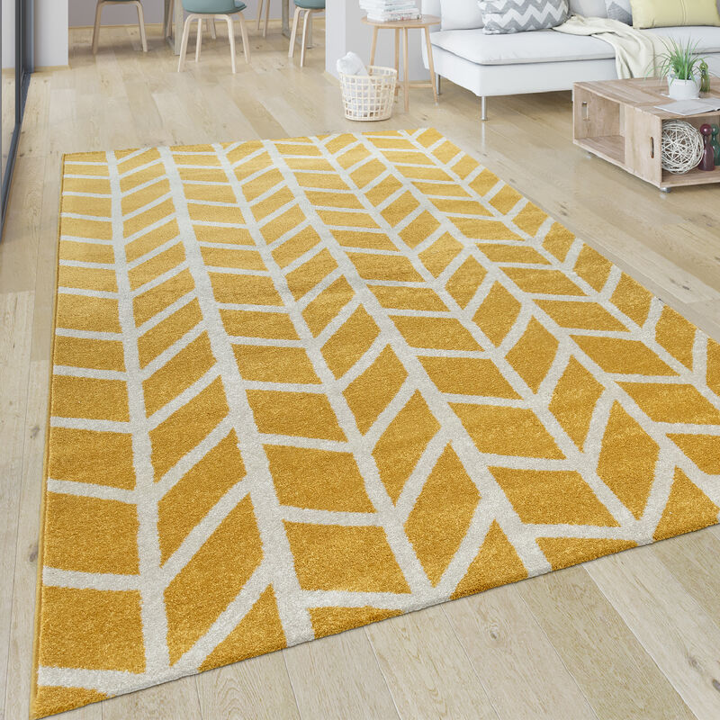 Paco Home - Tapis Salon Motif Géométrique Moderne Poils Ras Rayures Jaune Blanc 80x150 cm