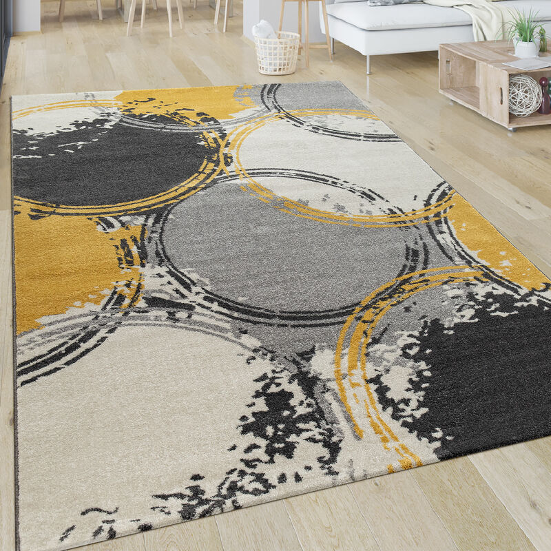 Tapis Salon Motif Moderne Poils Ras Abstrait Cercles Jaune Gris Blanc 80x300 cm - Paco Home