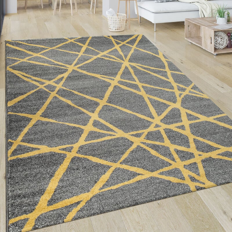 Paco Home - Tapis Salon Motif Rayé Moderne Poils Ras Abstrait Lignes Jaune Gris 60x100 cm