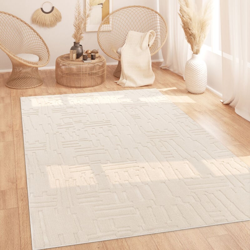Tapis Salon Poils-Hauts Scandinave Boho Géométrique Abstrait Uni Lavable Crème 240x340 cm - Paco Home