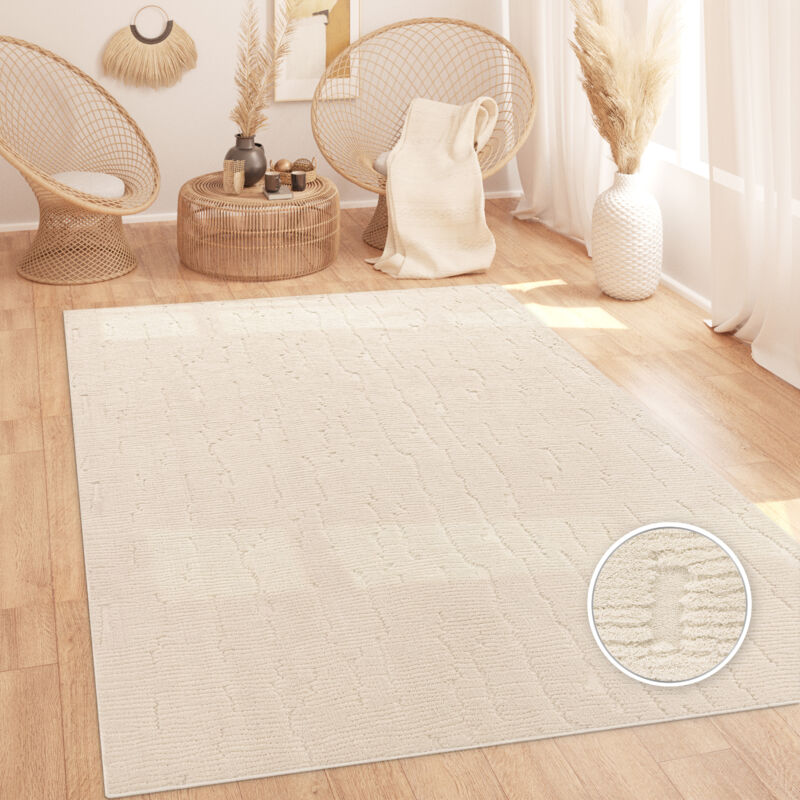 Paco Home Tapis Salon Poils-Hauts Scandinave Style Boho 3D Moelleux Lavable Décor Crème 80x150 cm