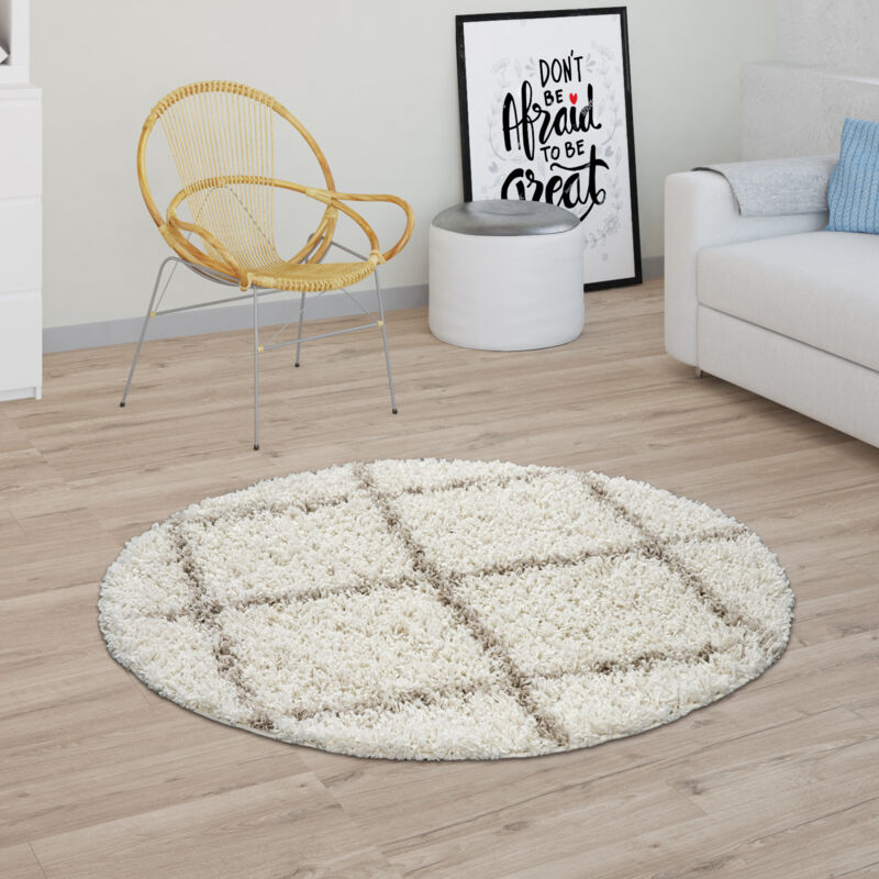 Tapis Salon Poils Longs Shaggy Design Scandinave Avec Motif Losanges, Moderne Beige 120 cm rond - Paco Home