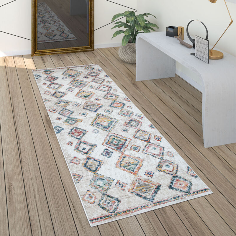 Tapis Salon Poils Ras Motif 3D Ethnique Boho Diamants Clair Moderne Crème Coloré 80x150 cm - Paco Home