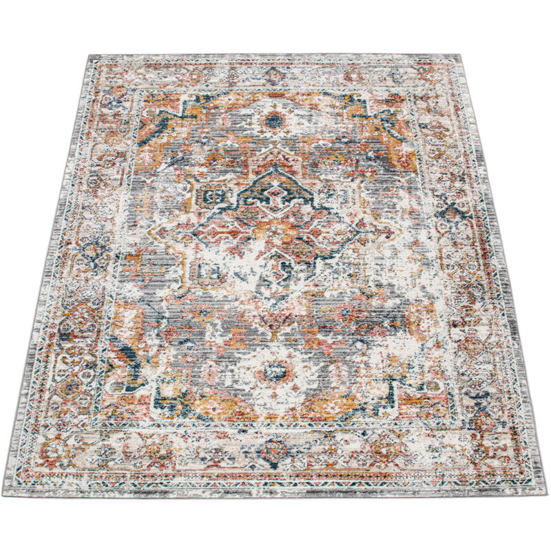 Tapis Salon Poils Ras Vintage Orient Ornements Bordure Blanc Cassé Gris Rouge 80x150 cm - Paco Home