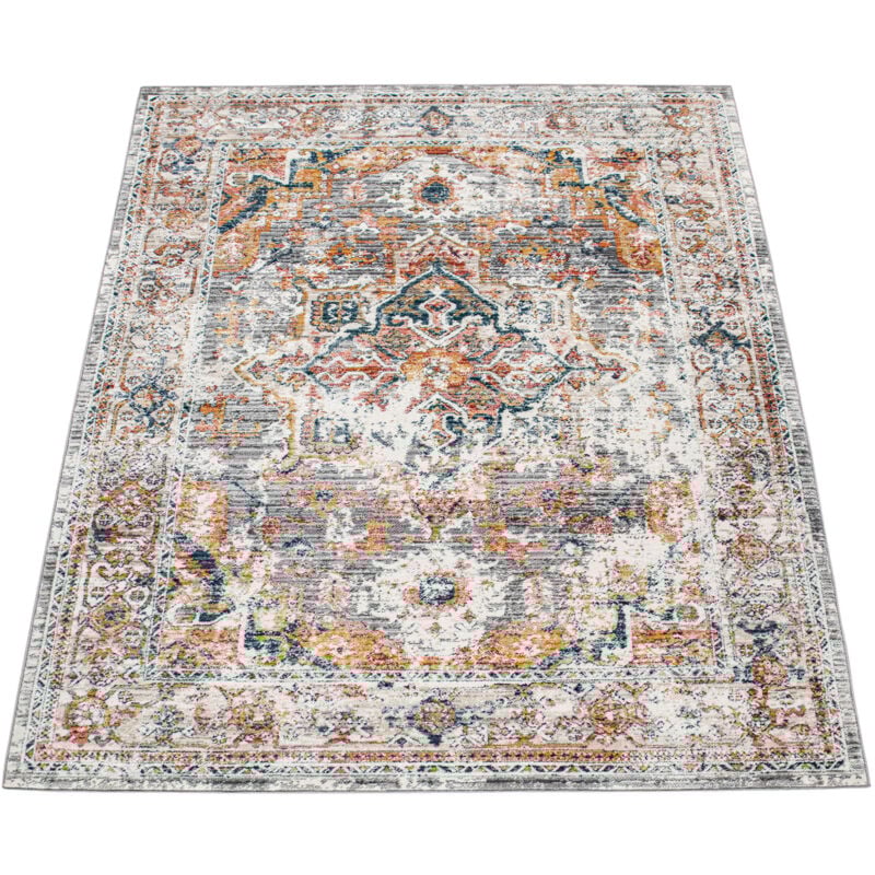 Tapis Salon Poils Ras Vintage Orient Ornements Bordure Blanc Cassé Gris Rouge 60x100 cm - Paco Home
