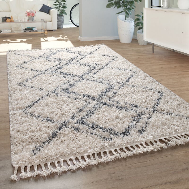 Paco Home Tapis Salon Shaggy Poils Longs Moderne Carreaux Losanges Motif Crème Bleu 120x170 cm