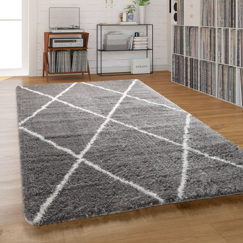 Tapis Salon Shaggy Poils Longs Uni Avec Motif Losanges Blanc, Gris 160x220 cm - Paco Home
