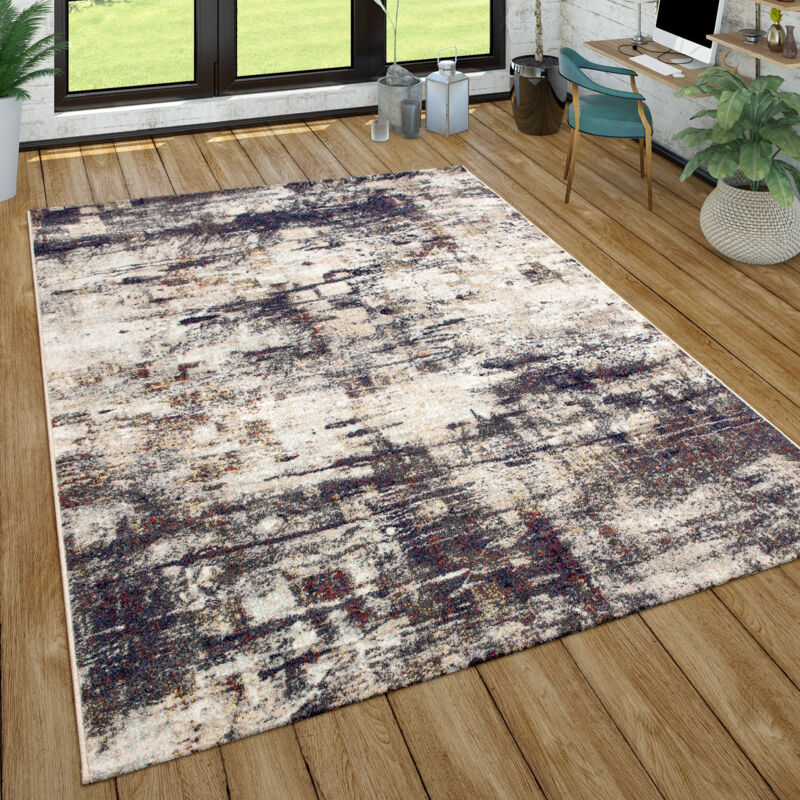 Tapis Salon Tapis Poil Ras Aspect Vintage Motif Abstrait Moderne Crème Violet 80x150 cm - Paco Home