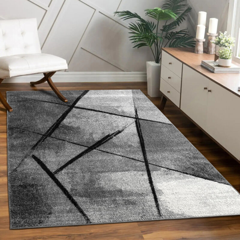 Tapis Salon Tapis Salon Poils Ras Motif Moderne Abstrait Géométrique Gris Noir 160x230 cm - Paco Home