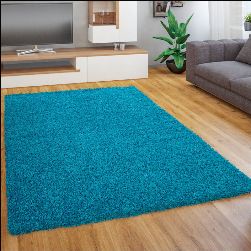Paco Home Tapis Salon Chambre Adulte Poil Long Shaggy Pelucheux Uni Moderne Moelleux 140x200 cm, Turquoise